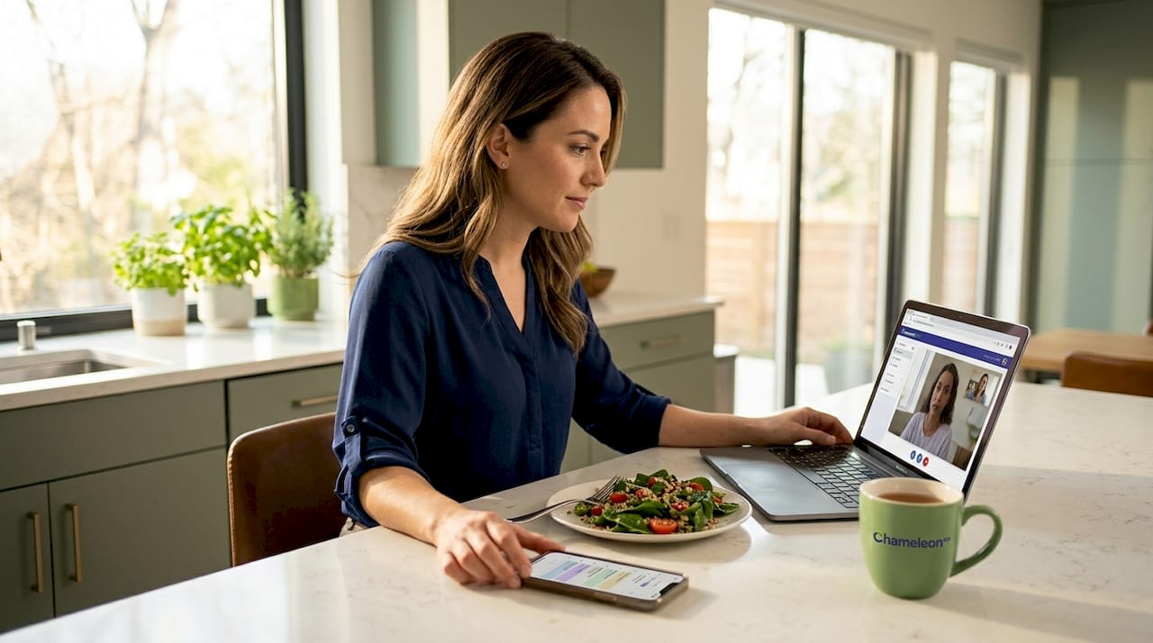 Working parent using telehealth laptop in kitchen nook