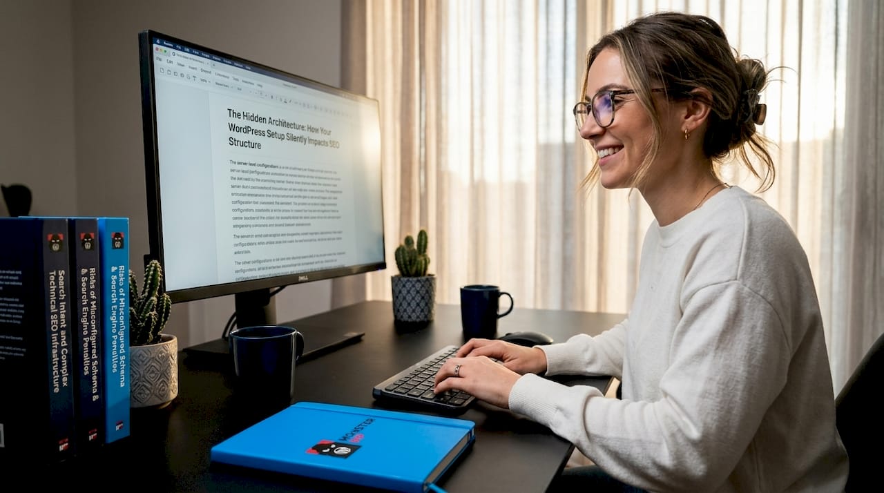 Content creator typing SEO blog post at desk