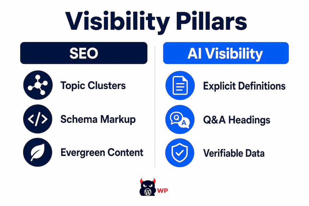 Infographic showing SEO and AI visibility pillars