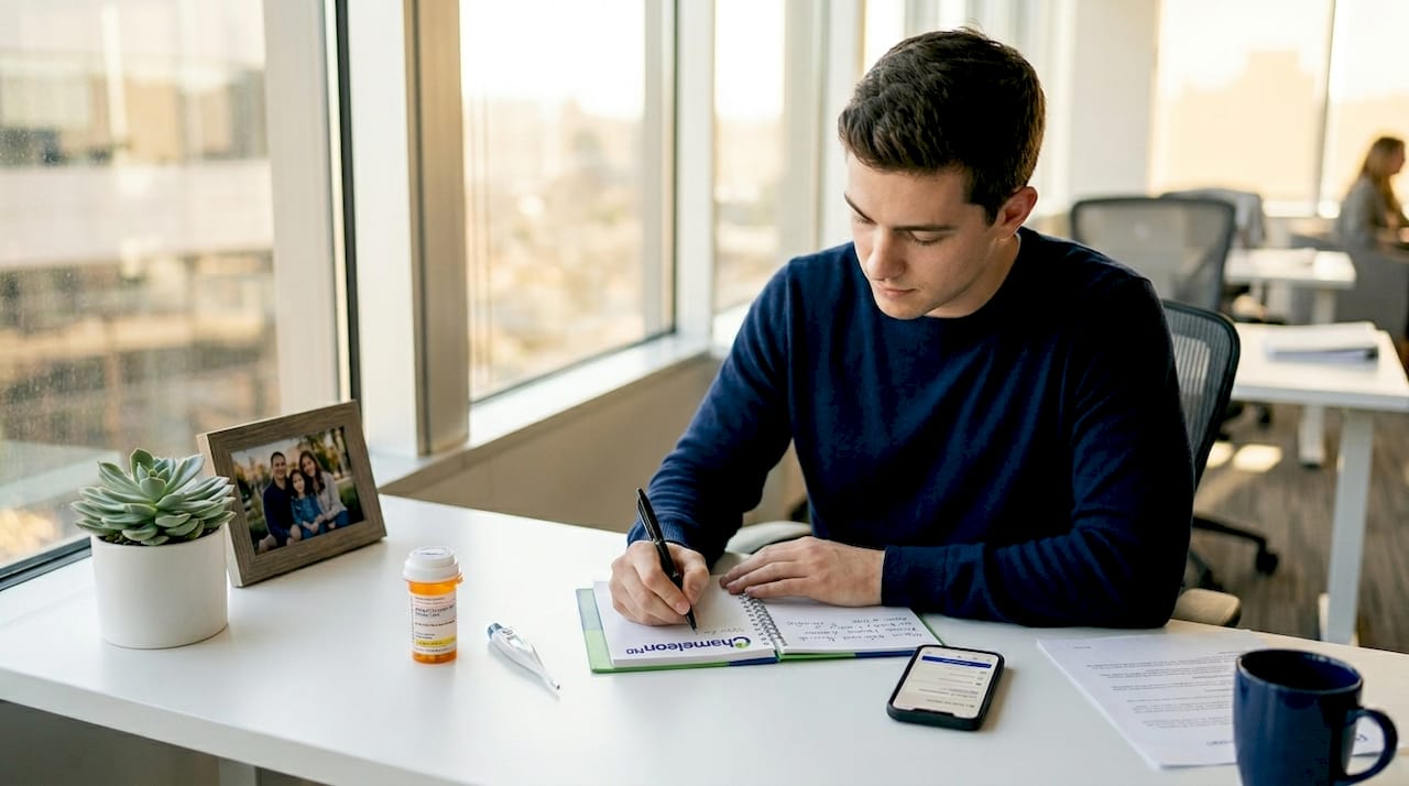 Young man preparing notes for telehealth appointment