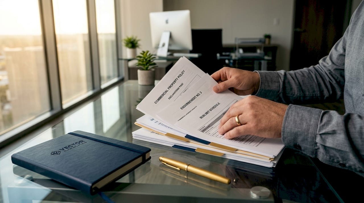 Hands organizing commercial insurance policy papers