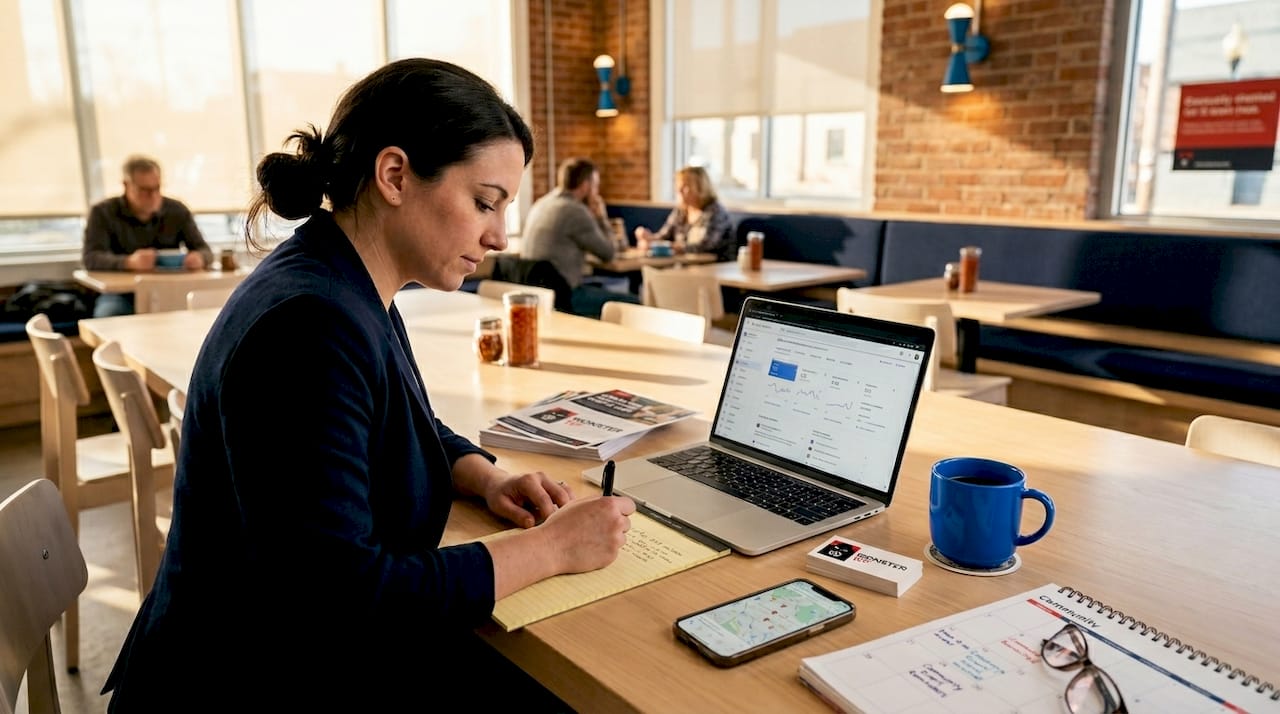 Desk with digital and physical marketing tools for local business