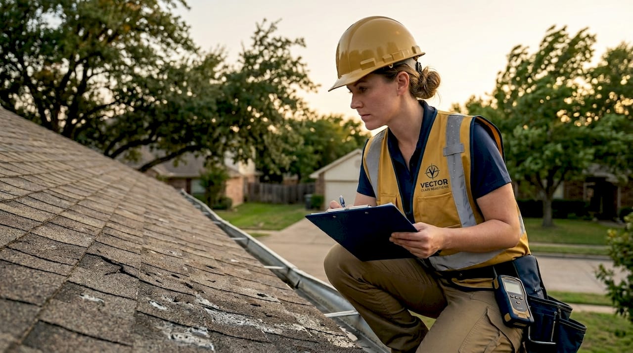 Catastrophe adjuster assessing hail damage on roof