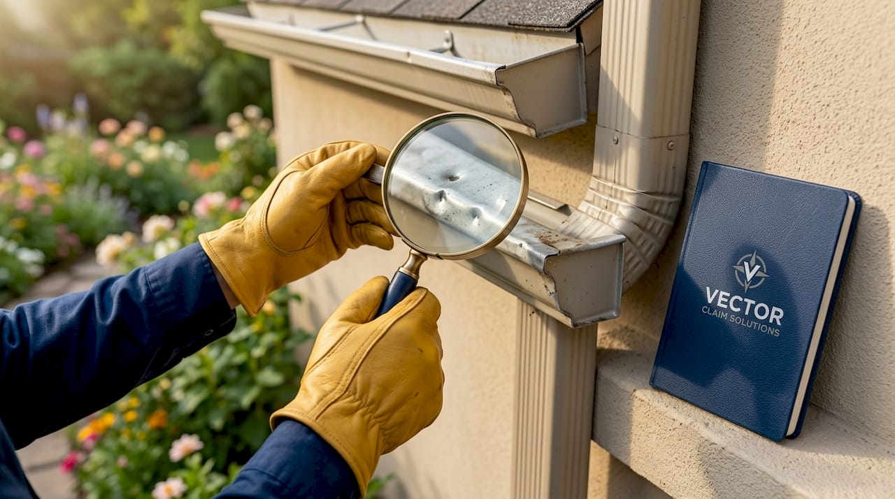 Inspector examining hail dents on gutters