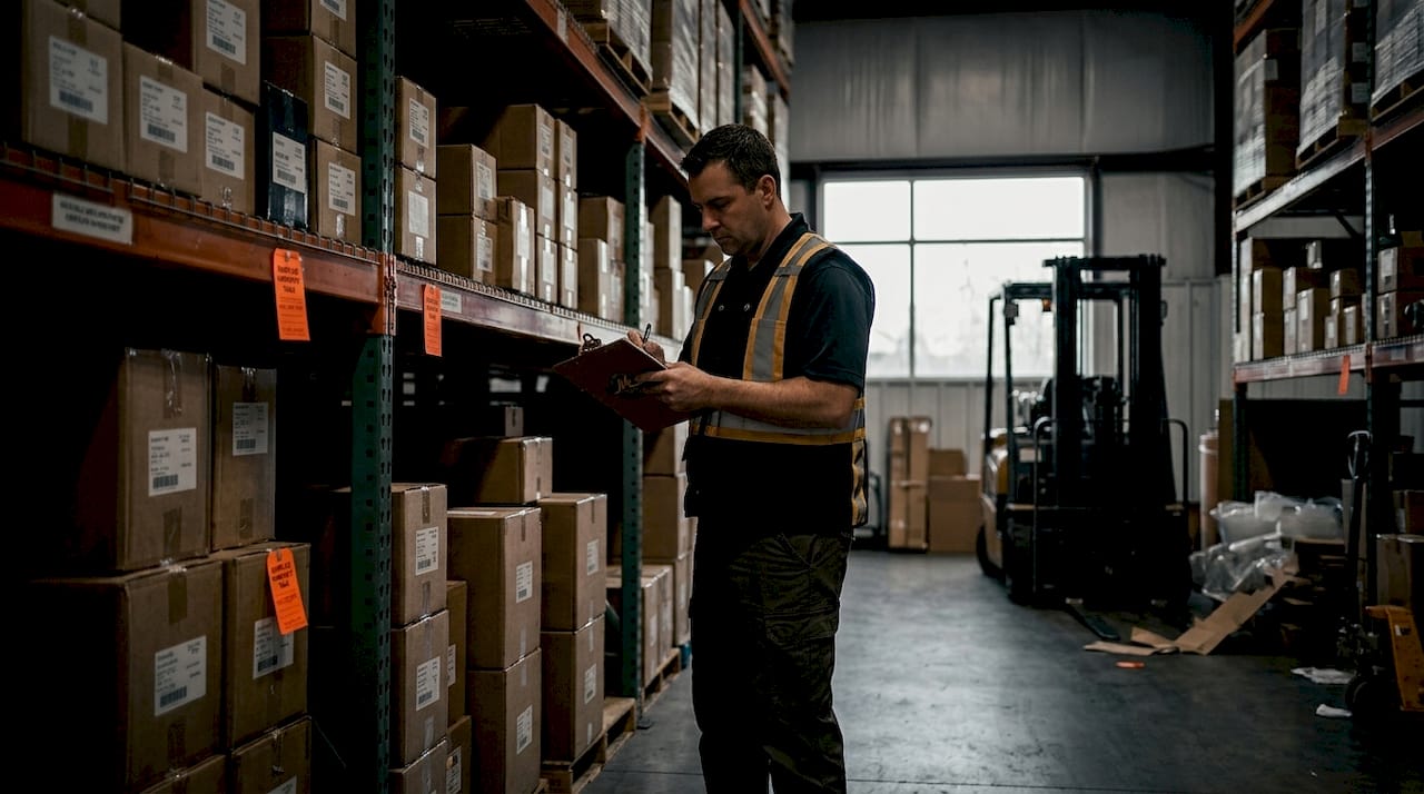 Warehouse aisle with surplus inventory pallets