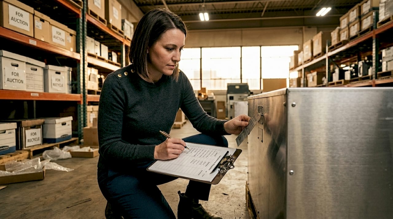 Warehouse storage with compliance officer inspecting assets