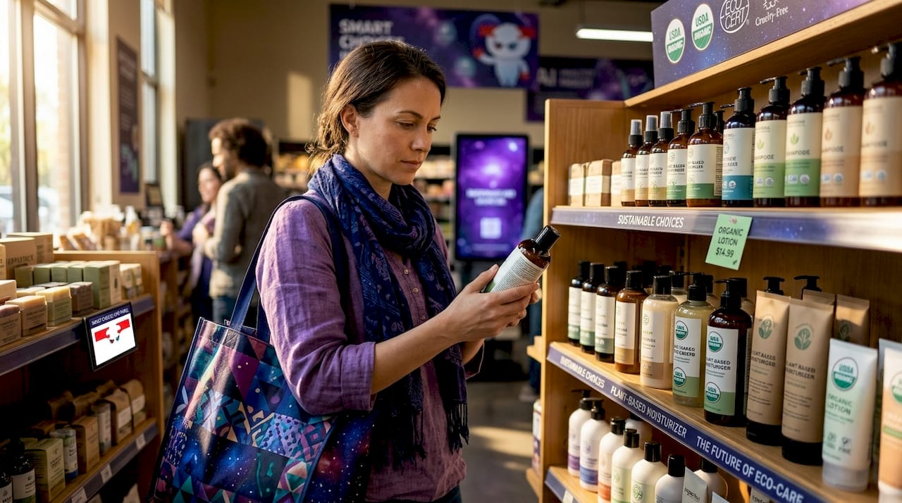 Consumer reviewing eco-friendly product labels