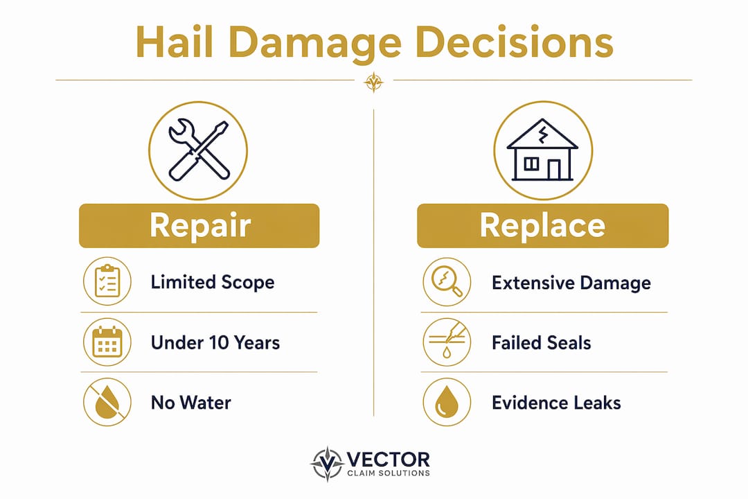 Infographic comparing hail damage repair and replacement