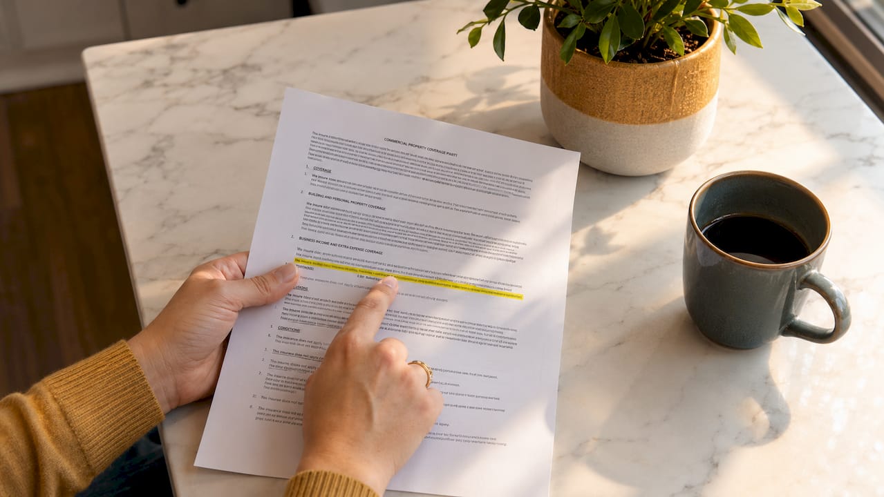 Hands reviewing commercial insurance policy document