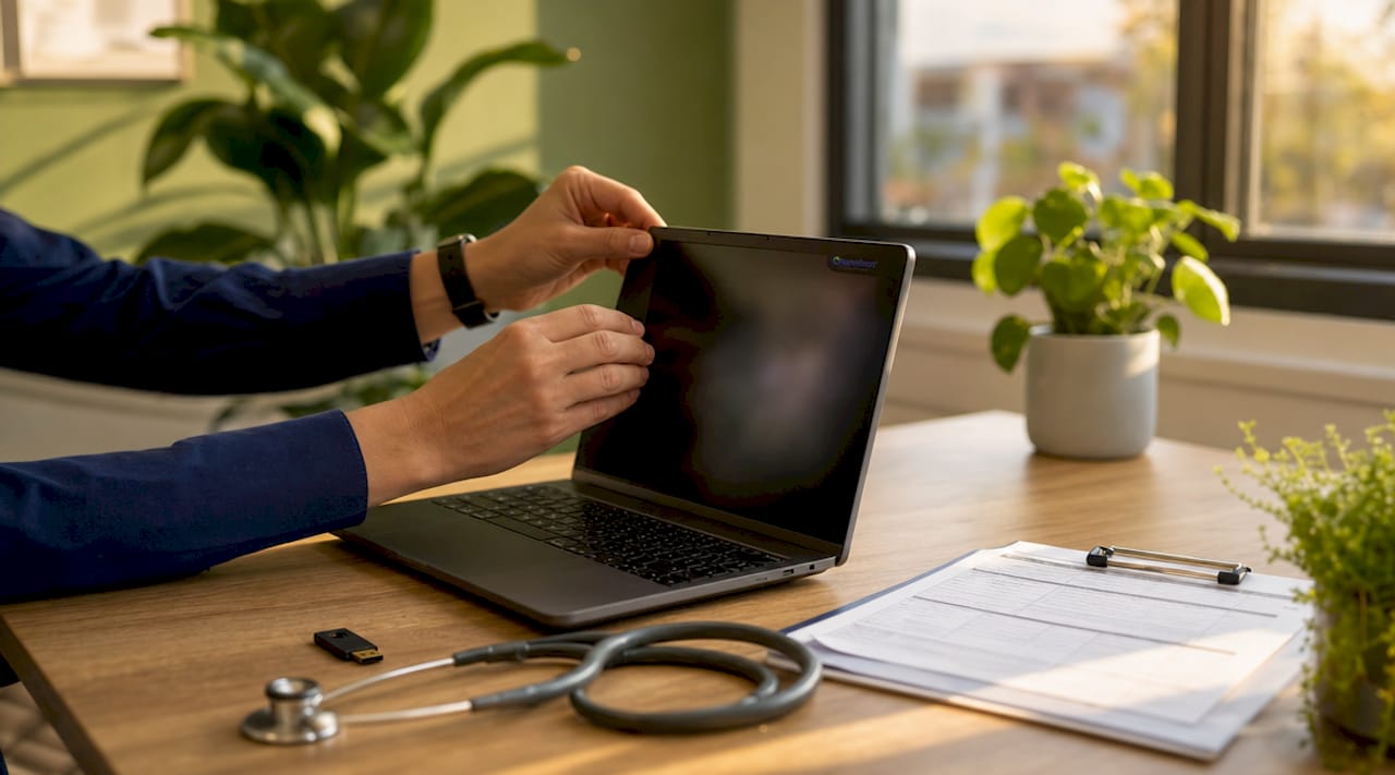 Hands configuring secure telemedicine technology setup