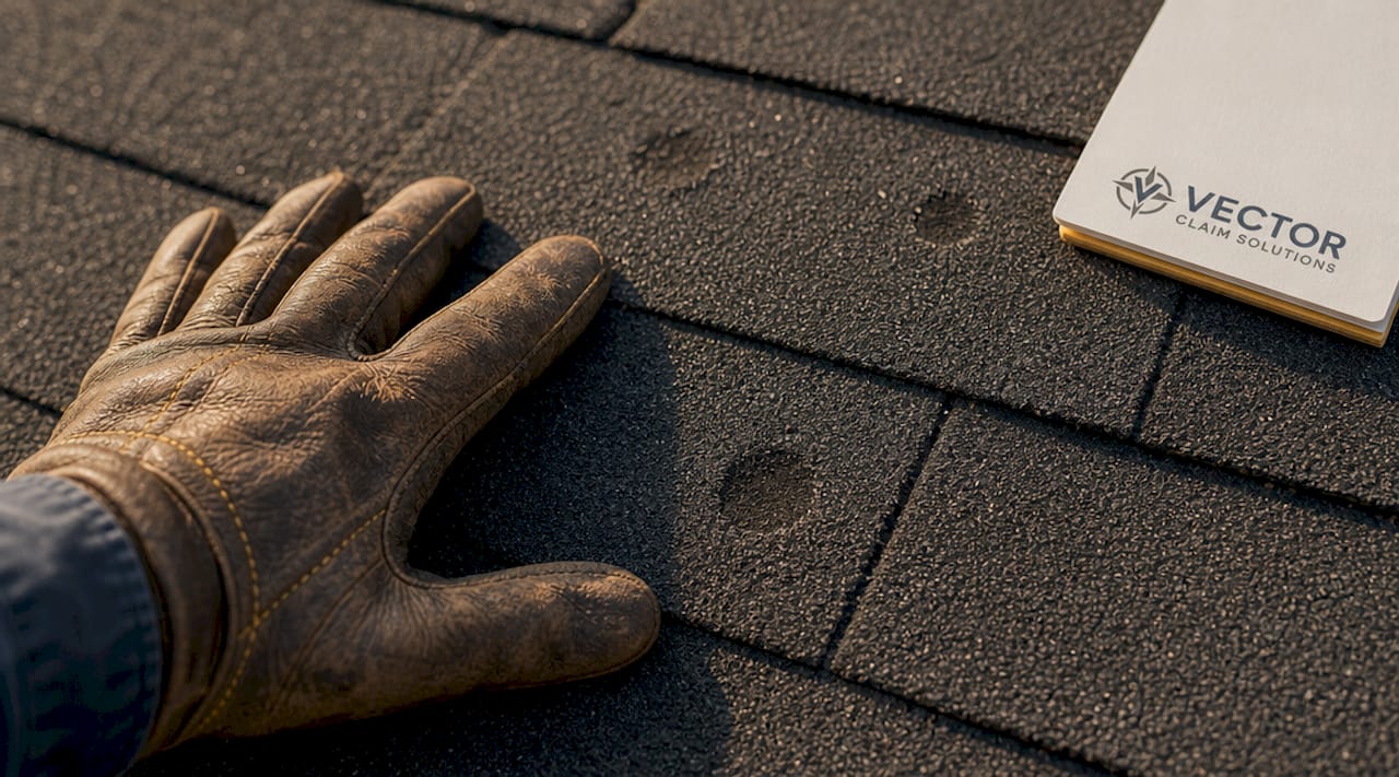 Close-up asphalt shingle hail impact spots