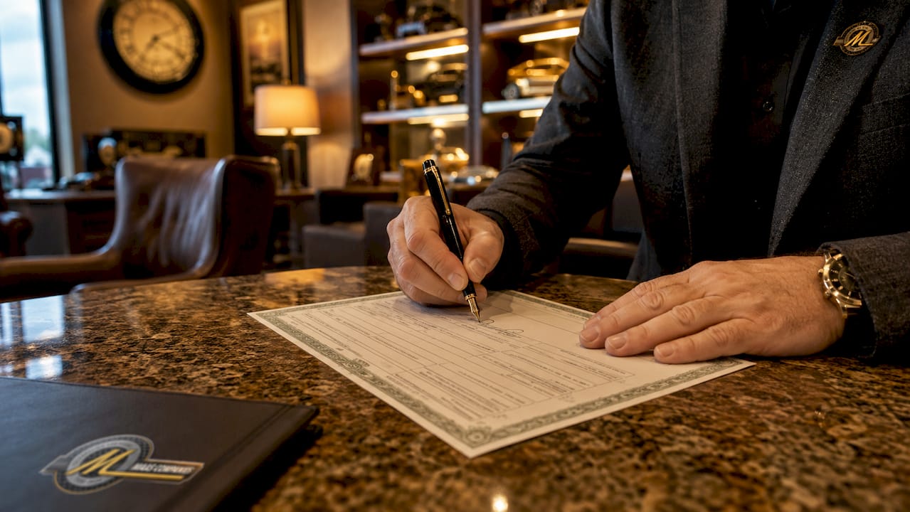 Signing vehicle title form at auction office