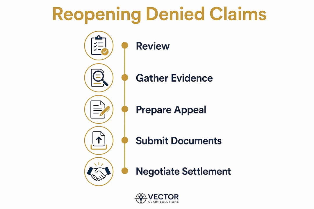 Infographic showing steps to reopen denied insurance claim