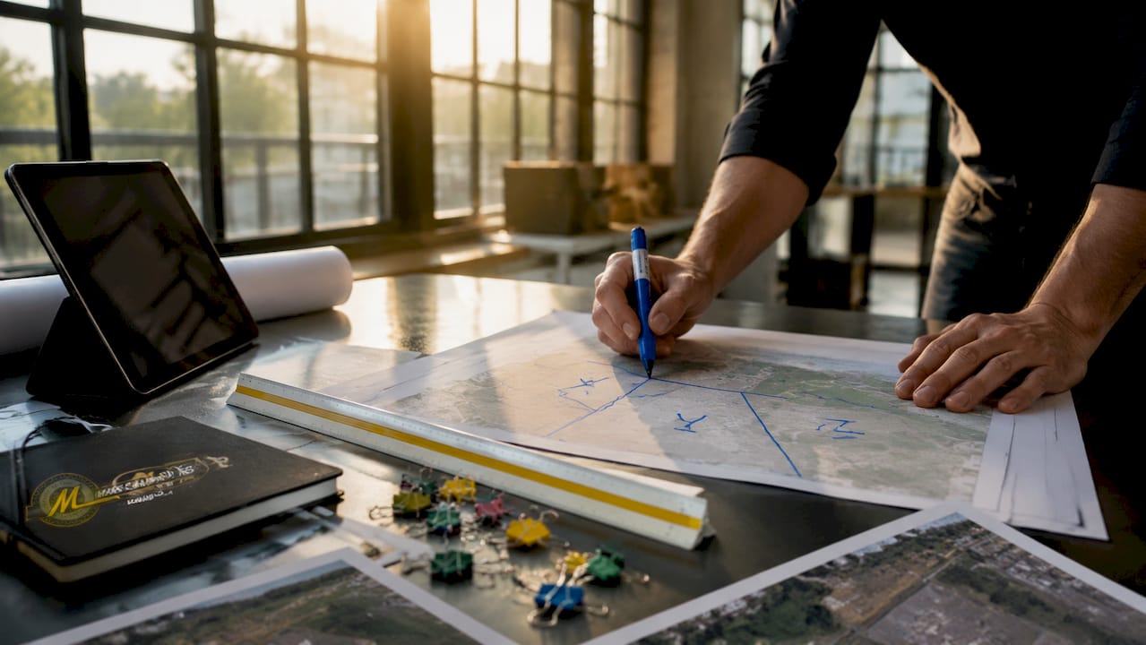 Hands marking parcel boundaries on site plan