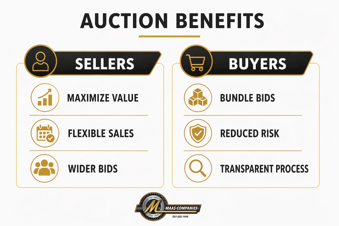 Split infographic contrasting seller and buyer benefits