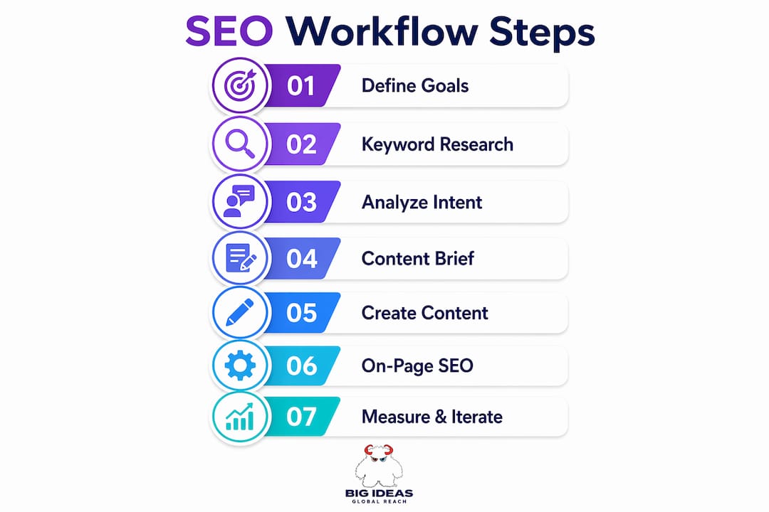 Infographic displaying seven-step SEO workflow