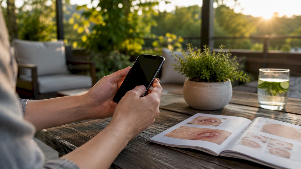 Hands holding phone ready for online skin consultation