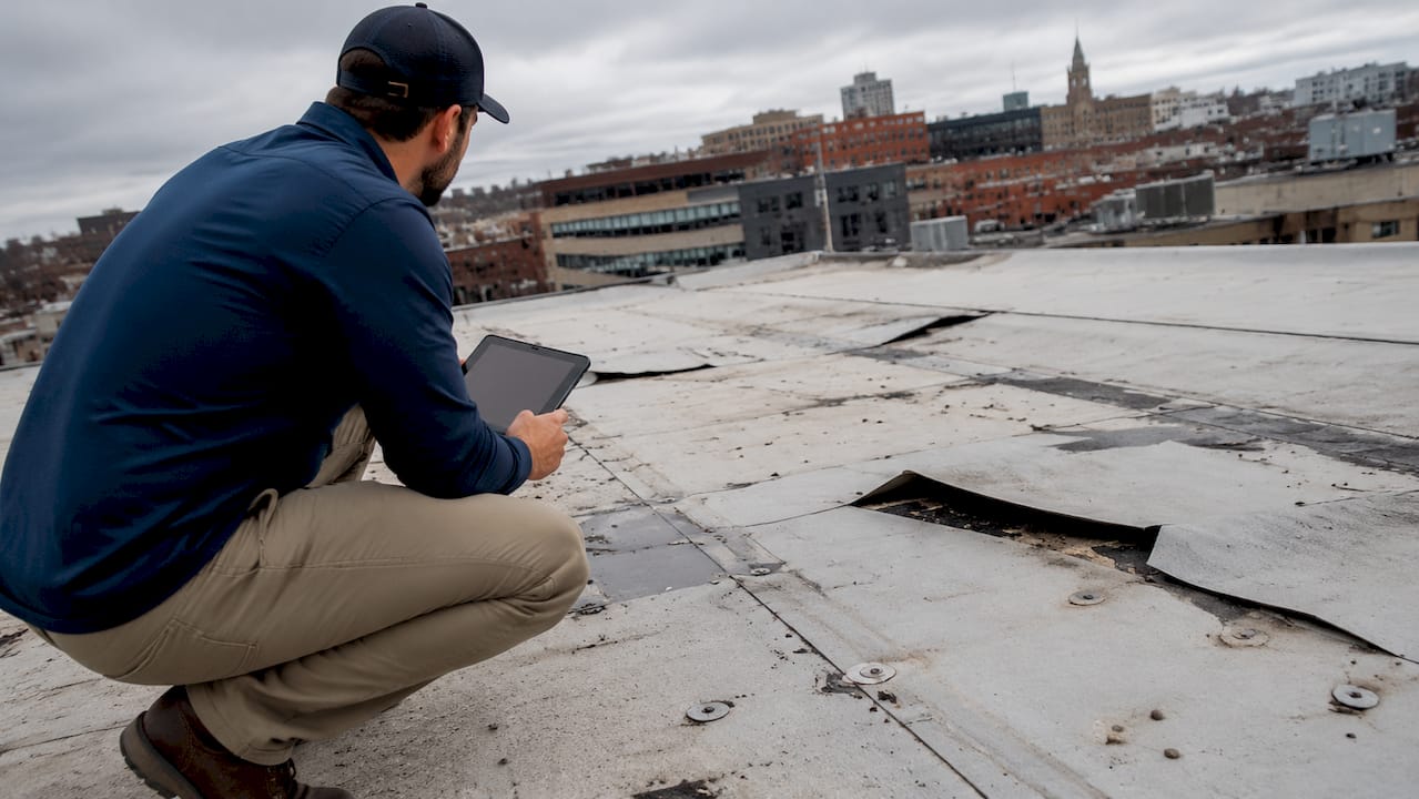 Close-up of commercial roof edges damaged by wind uplift