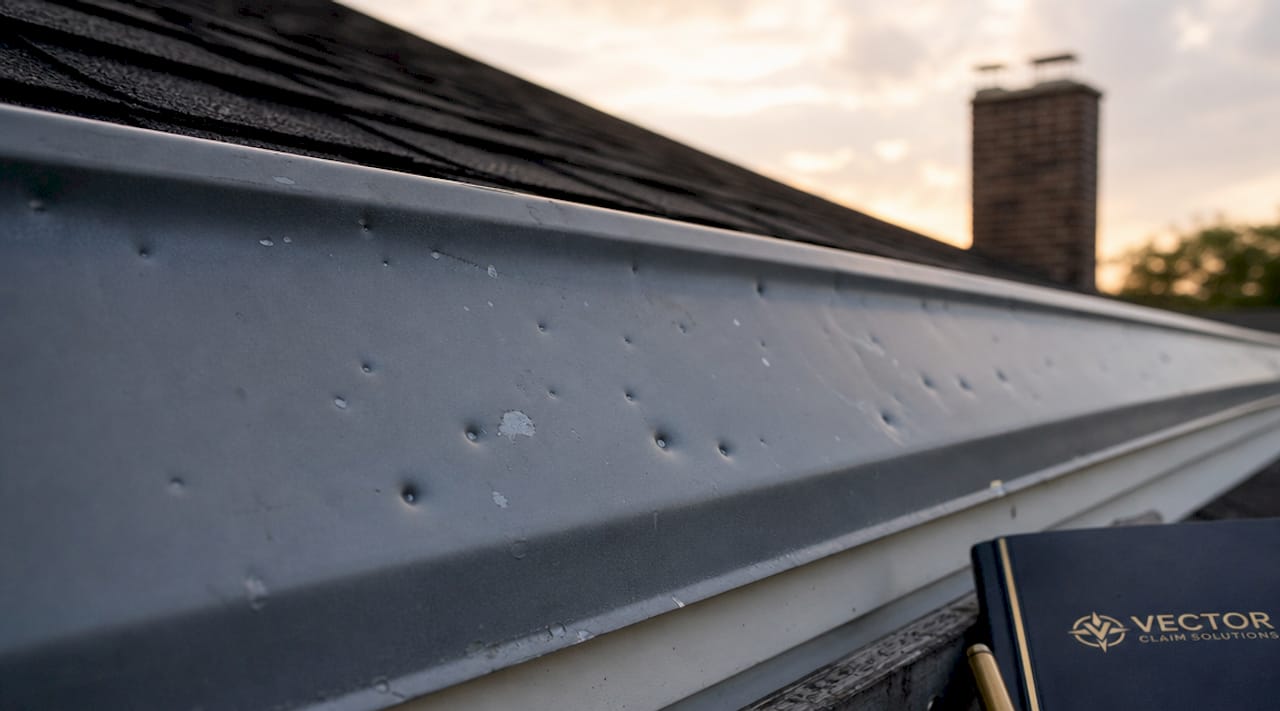 Close-up hail dents on roof flashing