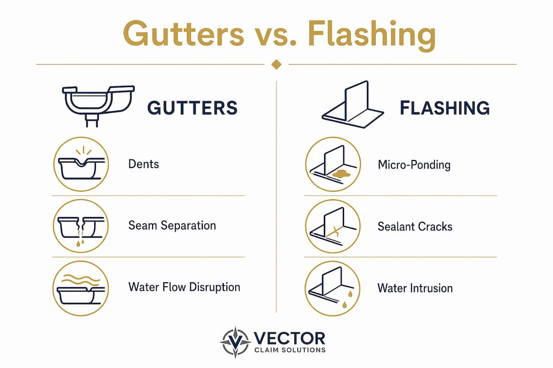 Comparison infographic of hail damage on gutters and flashing