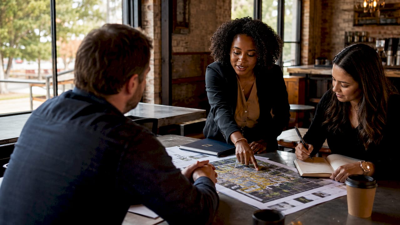 Group discussing industrial real estate purchase