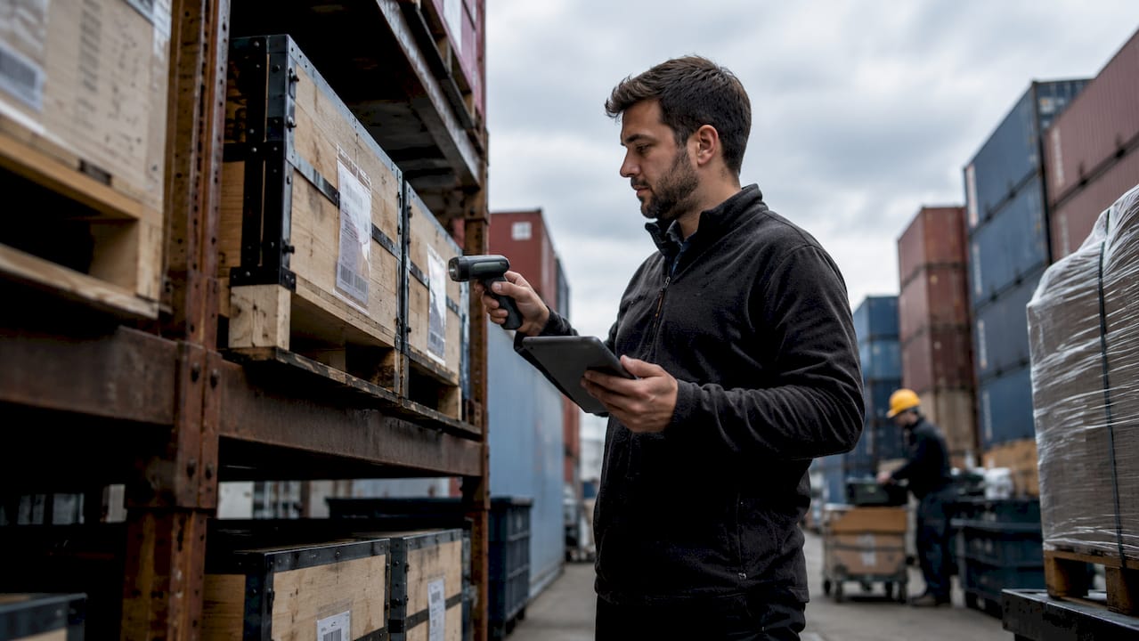 Manager scanning inventory in warehouse aisle