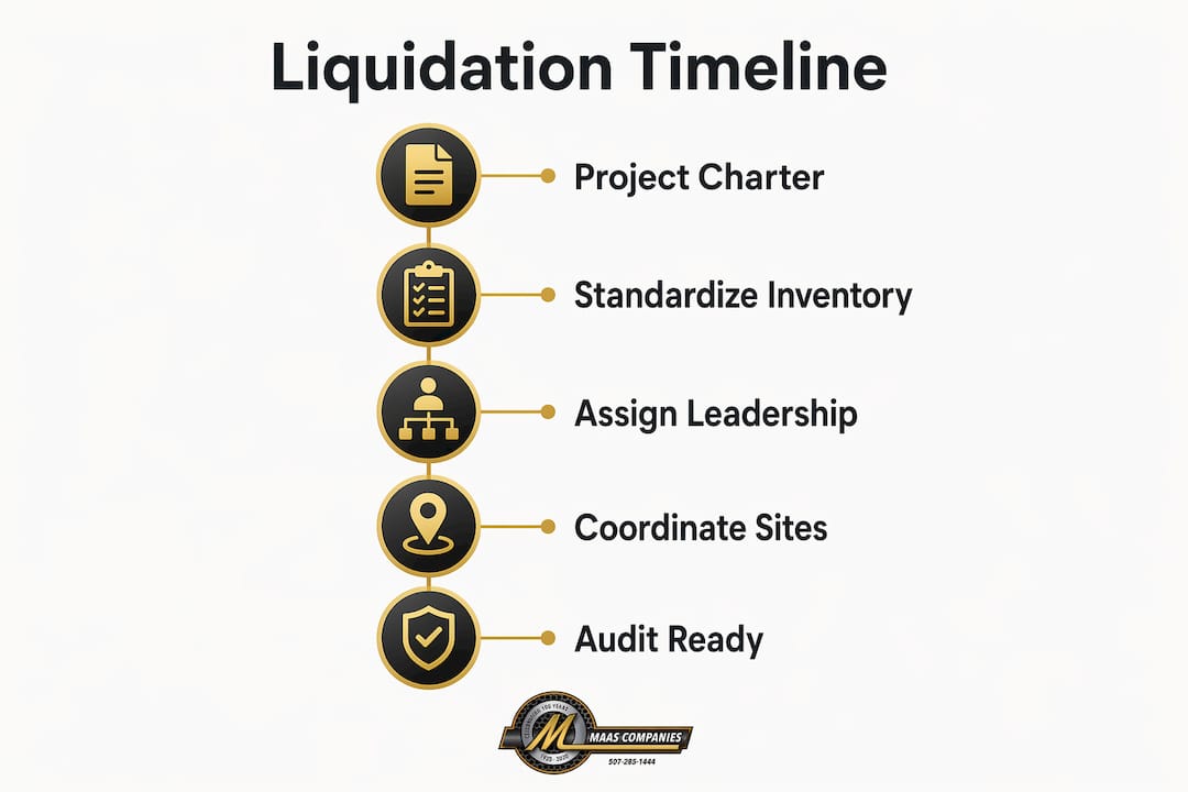 Infographic outlining multi-site liquidation timeline steps