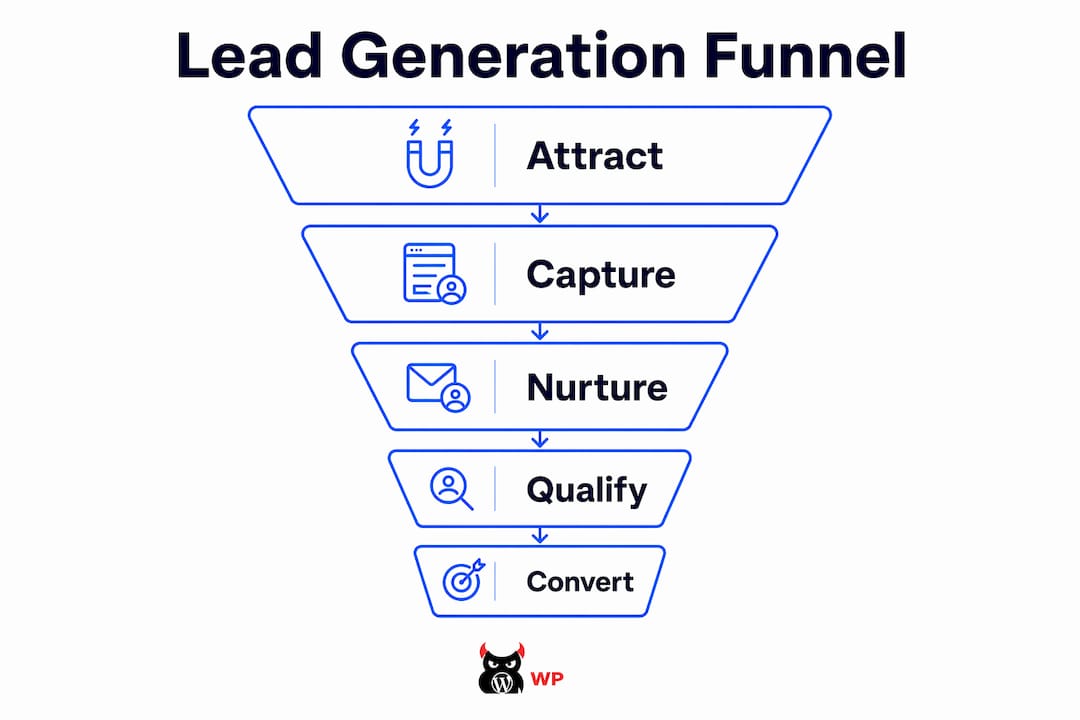 Infographic showing lead generation funnel stages step-by-step
