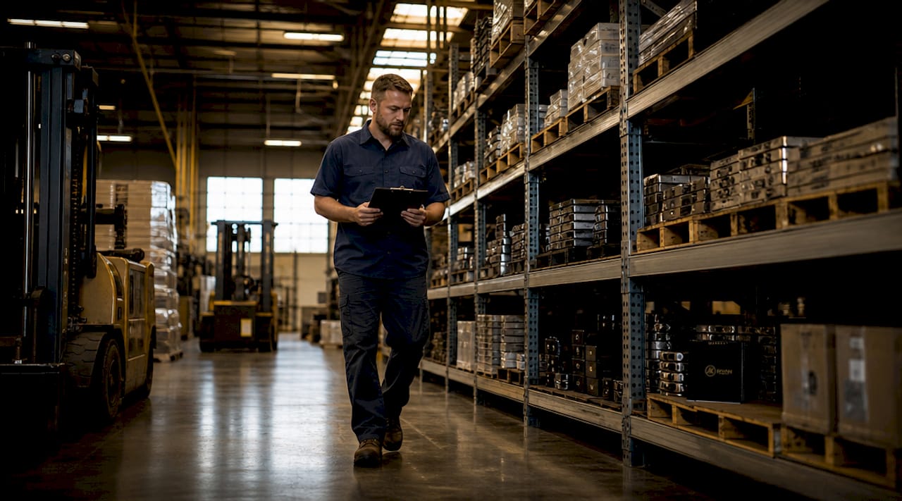 Warehouse aisle with industrial equipment staged
