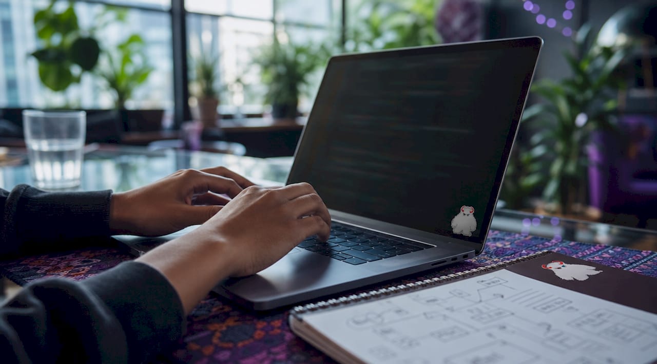 Hands typing technical code for analytics setup