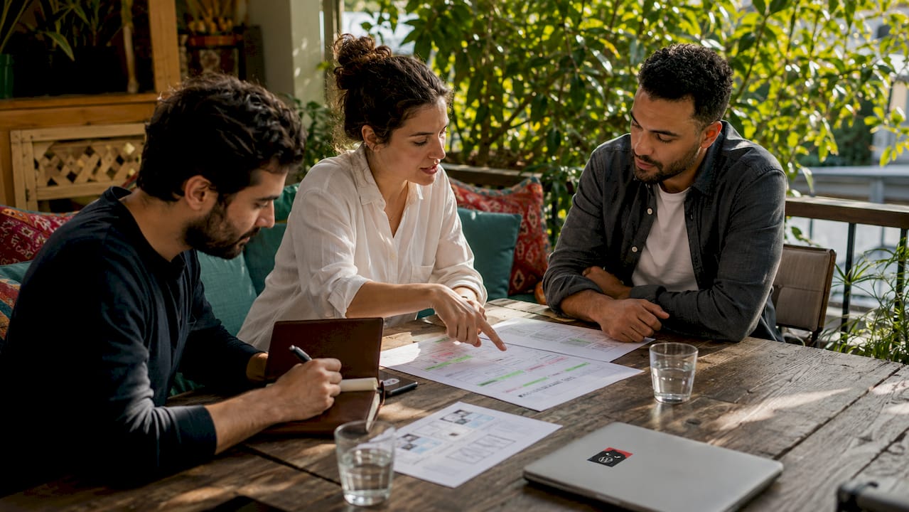 Team reviewing customer UX prototype in meeting room