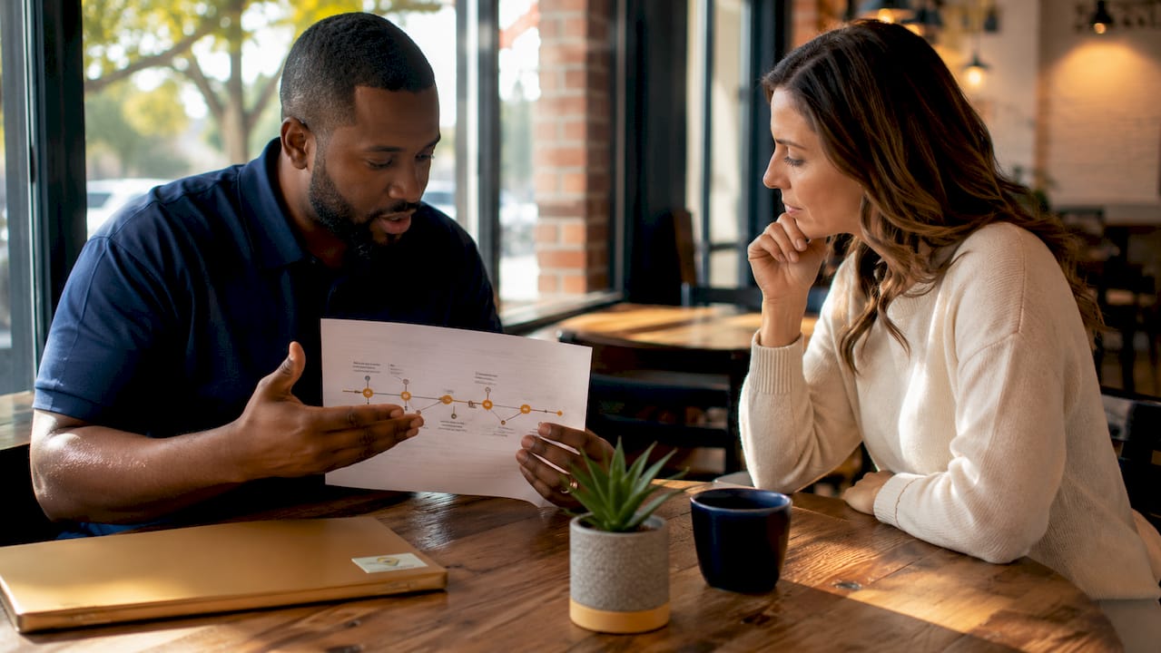 Public adjuster and homeowner discussing claim timeline