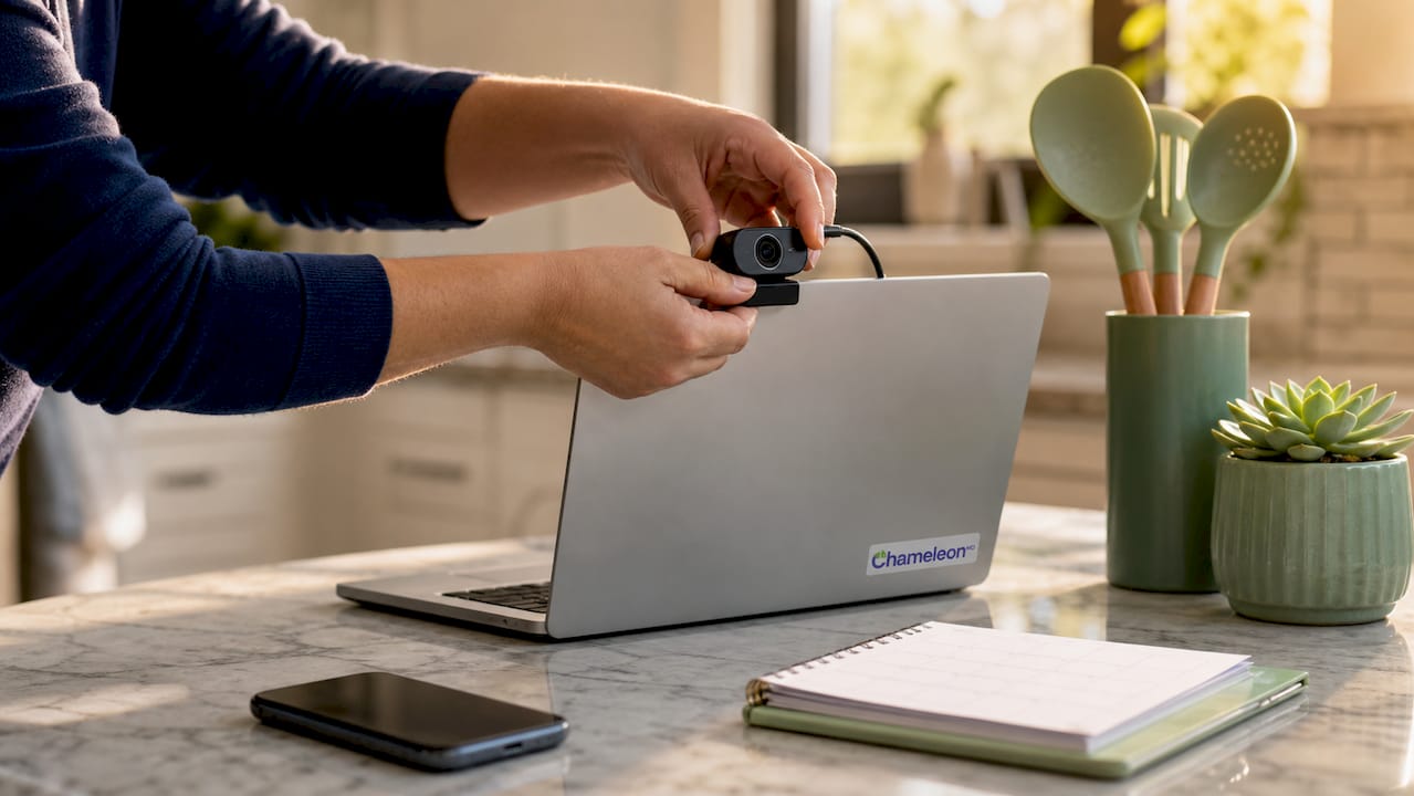 Hands connecting webcam to laptop for telehealth