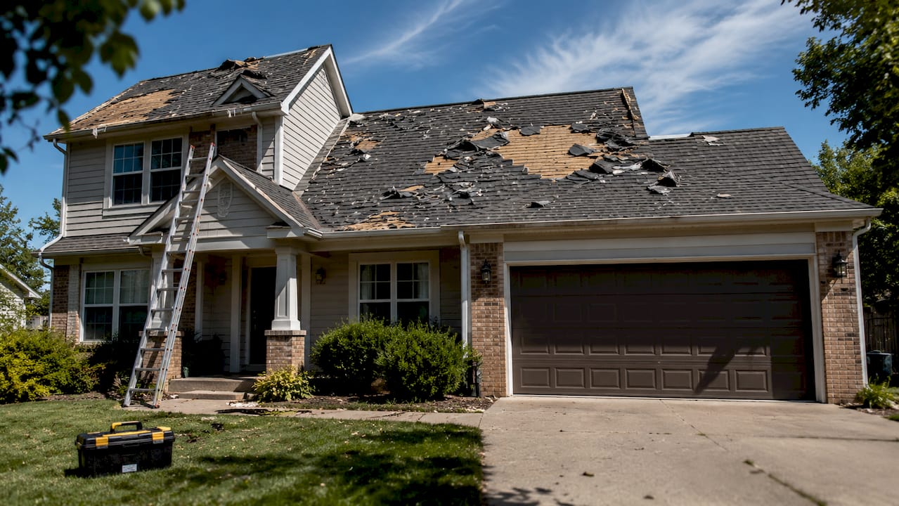 Close-up of roof with wind damage