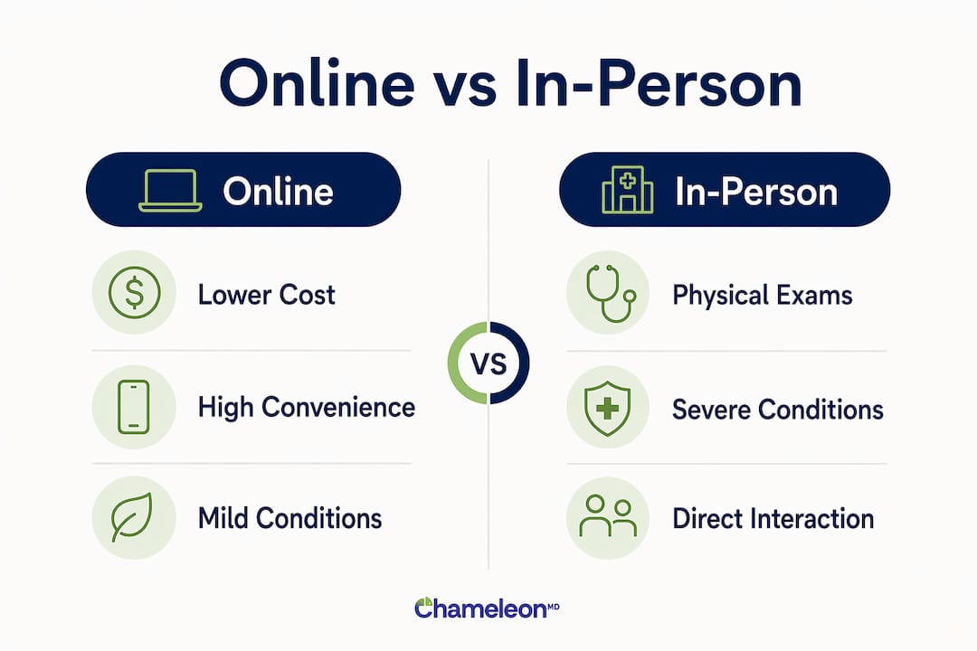 Infographic comparing online and in-person healthcare