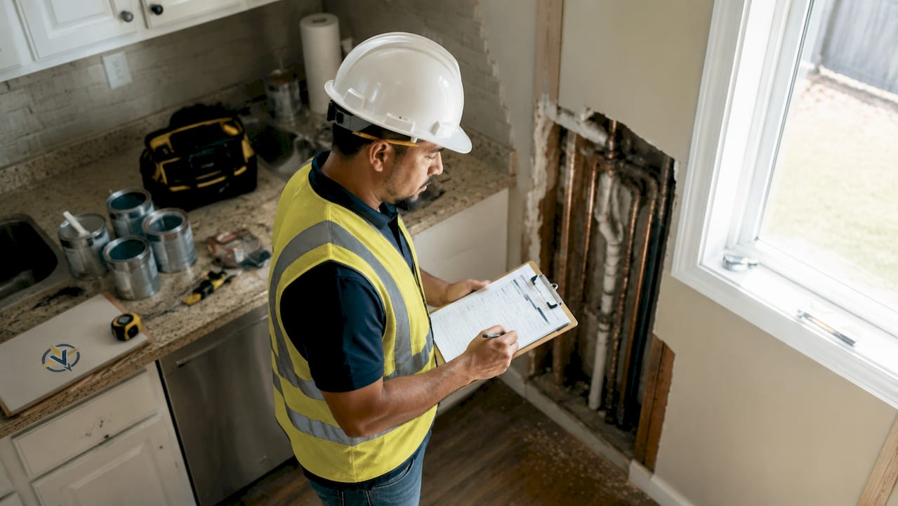 Contractor inspecting home damage with clipboard