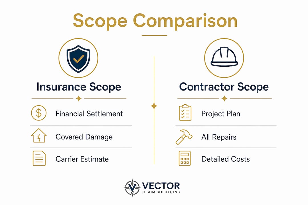 Infographic comparing insurance and contractor scopes