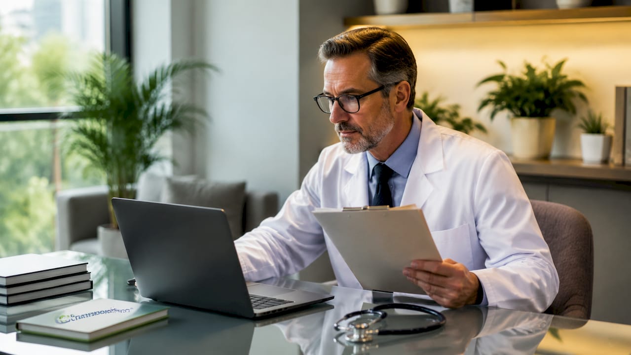 Doctor reviewing patient information at desk