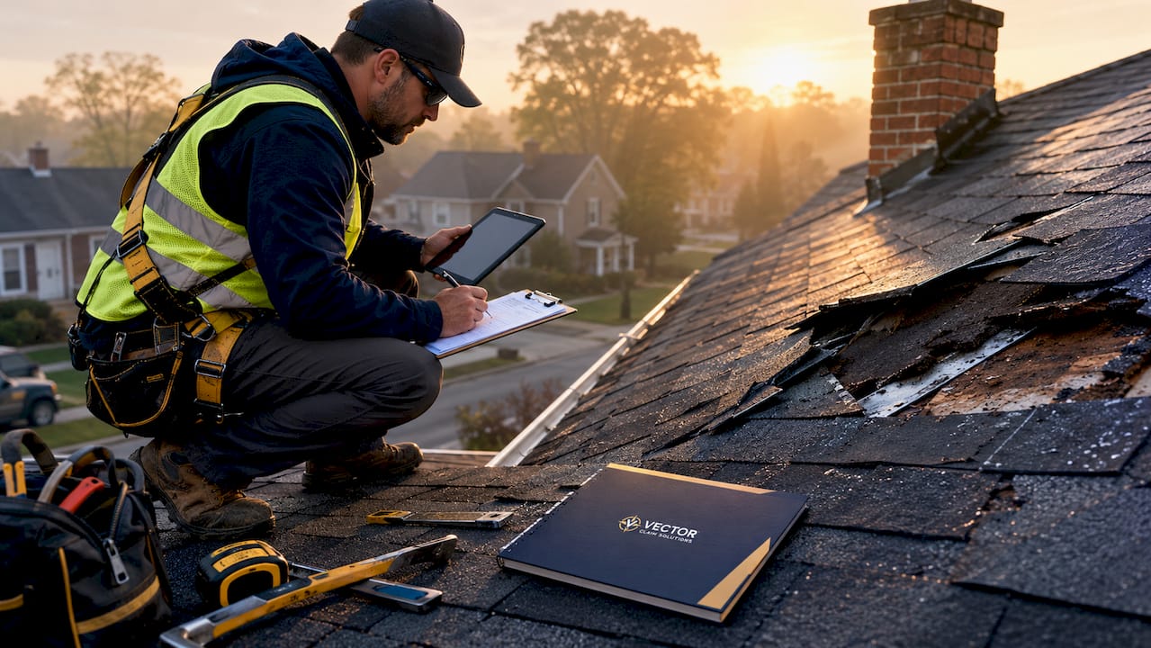 Roof adjuster inspecting damaged roof shingles