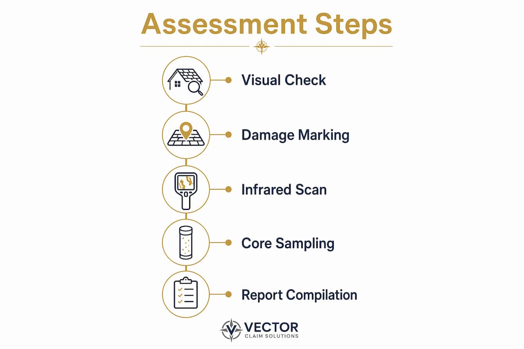 Infographic illustrating commercial roof damage assessment steps