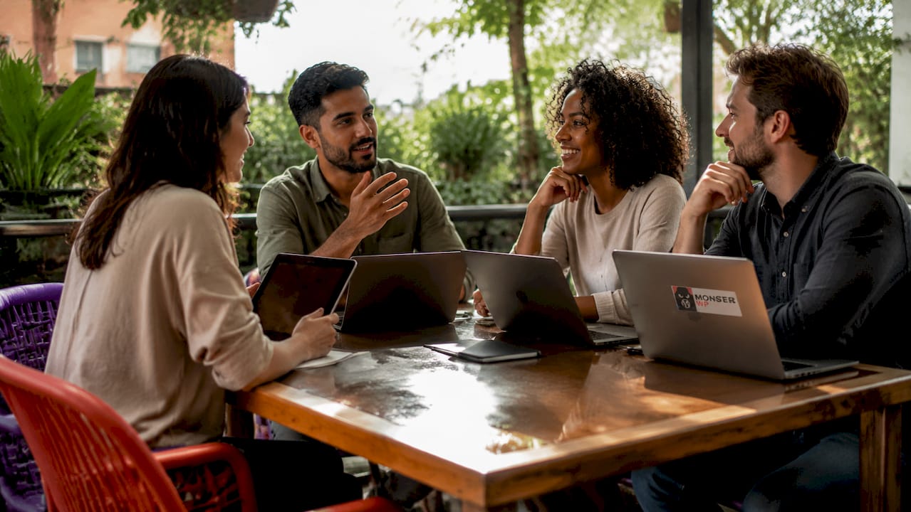 Marketing team discussing multi-channel strategy around table