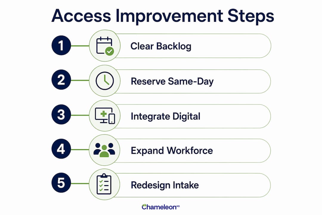 Vertical flow infographic showing primary care access steps
