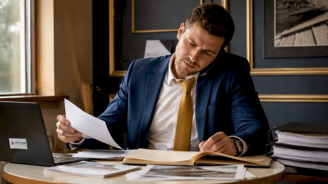 Insurance adjuster managing workload at desk in office