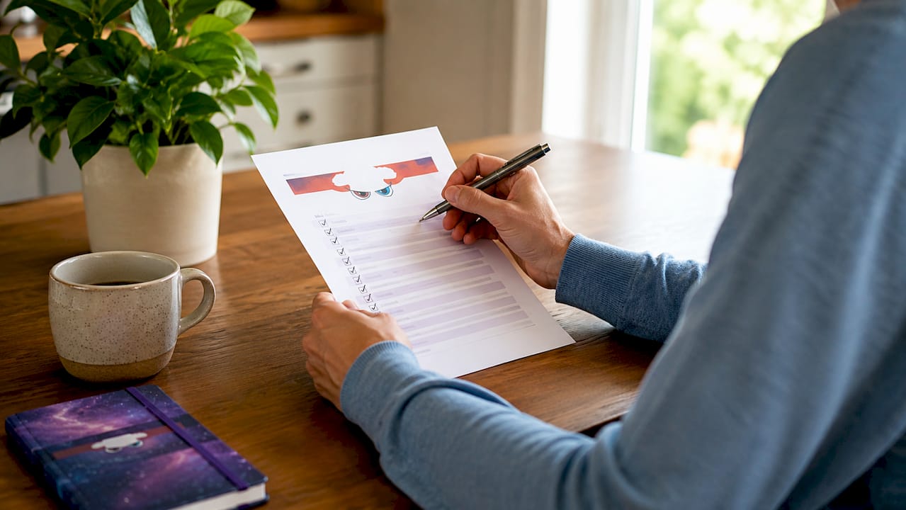 Hands checking content audit checklist at desk