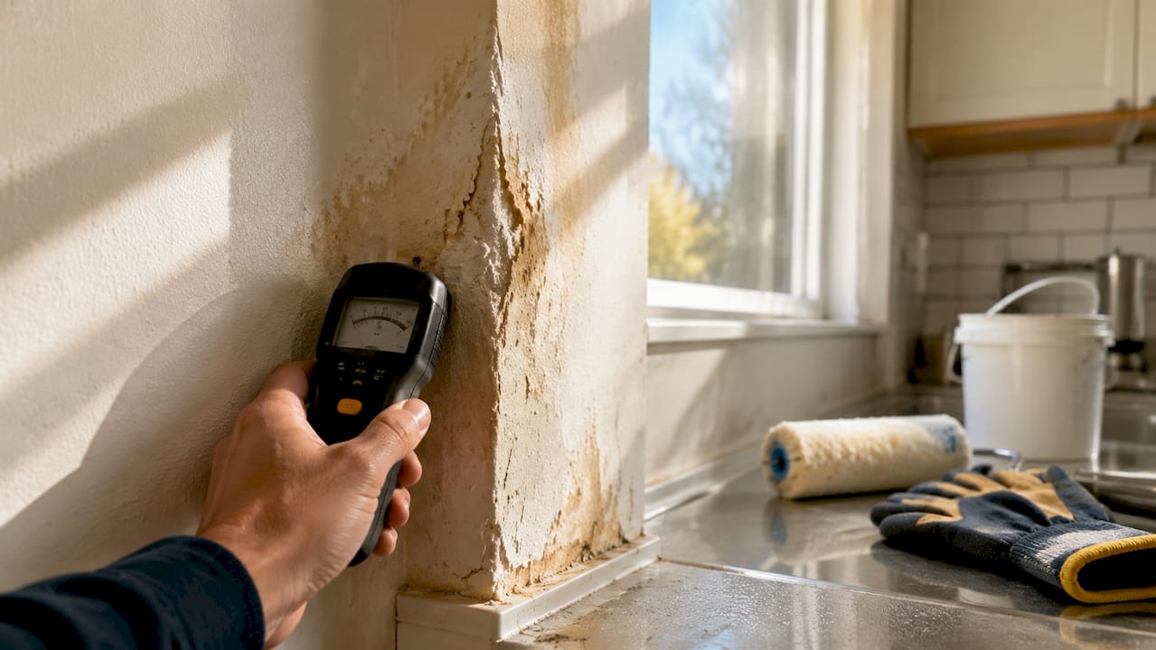 Moisture meter on damp drywall indoors