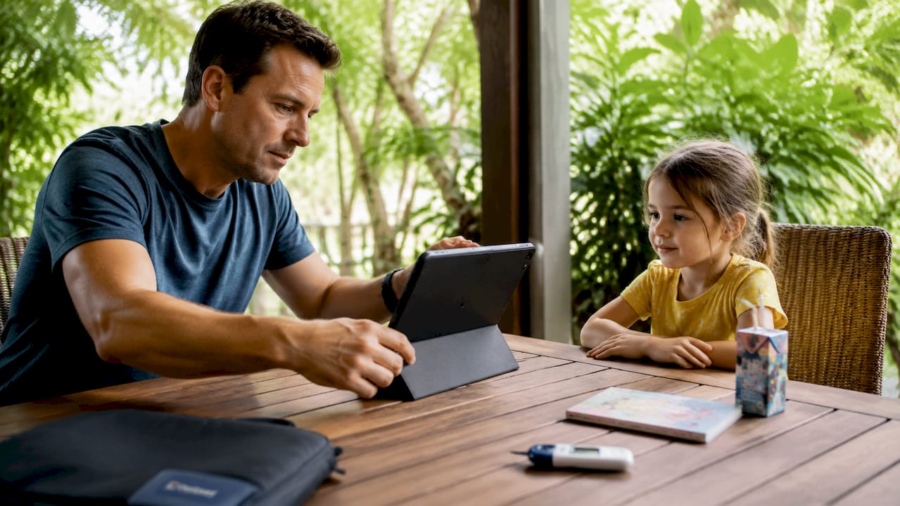 Father setting up telehealth appointment tablet