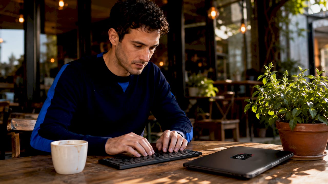 Hands typing on keyboard in home office