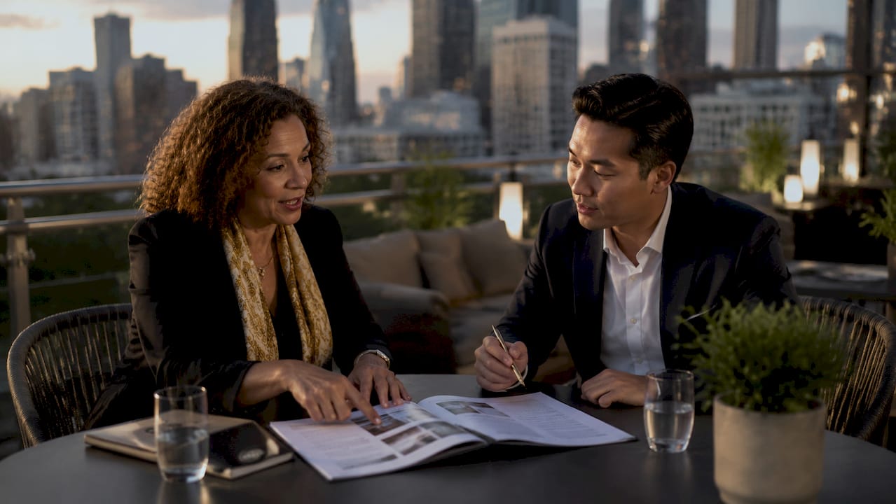 Two professionals discussing selling methods