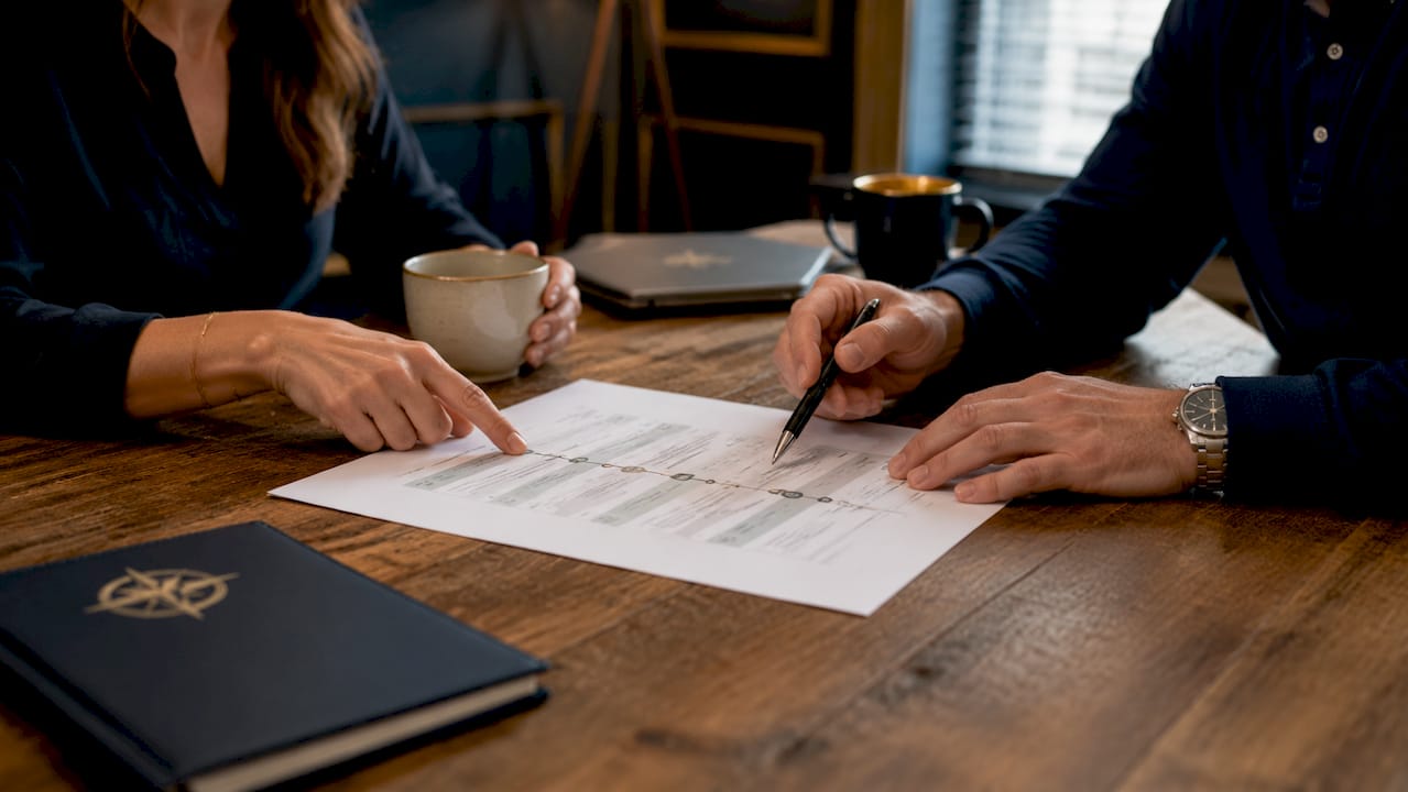 Hands pointing at printed insurance claim timeline on table
