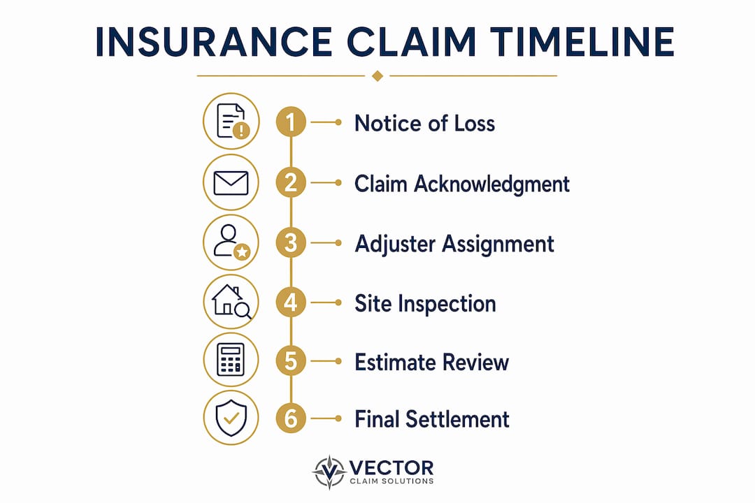 Vertical flow infographic showing insurance claim timeline steps